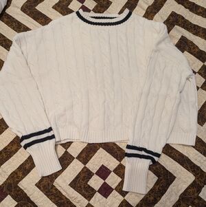 Jessica Simpson Classic Cable Knit Crewneck Sweater in White with Black Trim